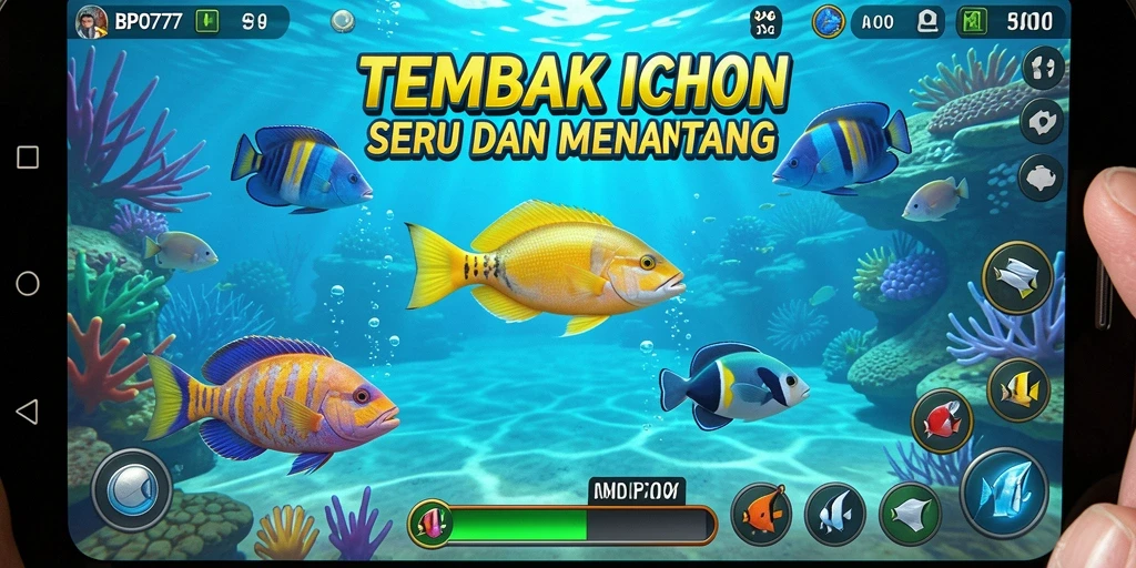 Tampilan gameplay BPO777 dengan ikan berwarna-warni dan aksi menembak.