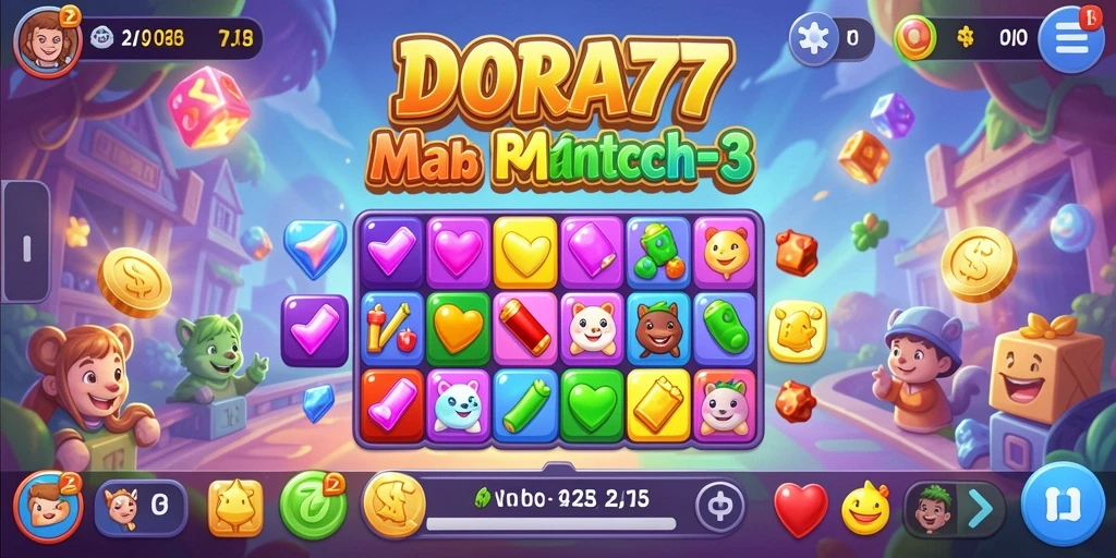 Tangkapan layar DORA77 menampilkan gameplay Match-3 yang intens dan penuh warna.