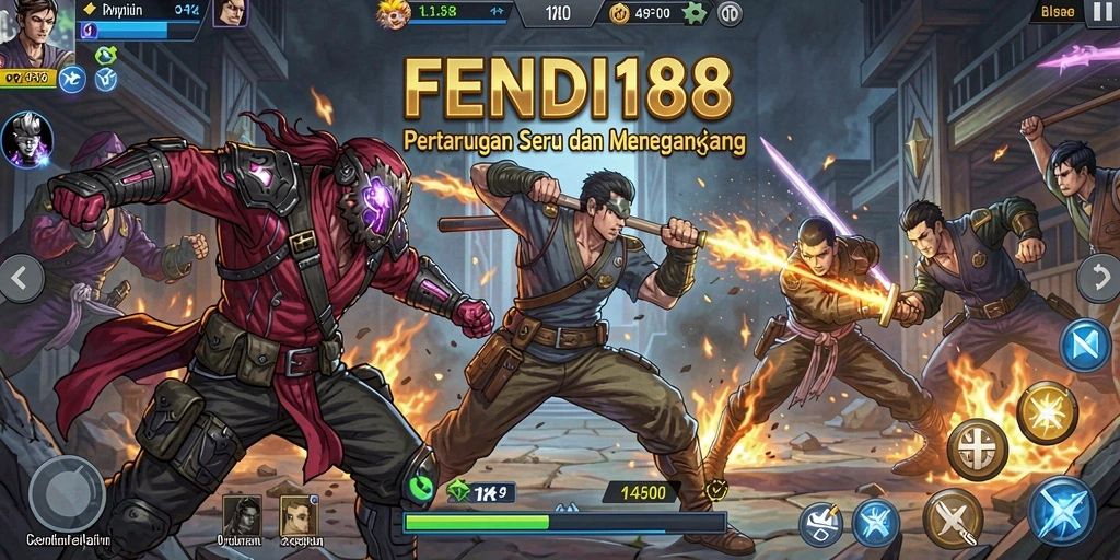 Screenshot utama FENDI188 menampilkan pertarungan epik dengan karakter yang beraksi.