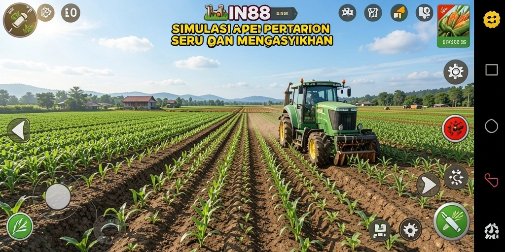 Screenshot gameplay IN88 menampilkan kebun yang indah dan hewan ternak yang aktif.