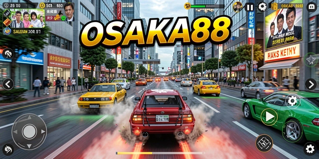 Screenshot OSAKA88 menampilkan aksi balapan yang mendebarkan.