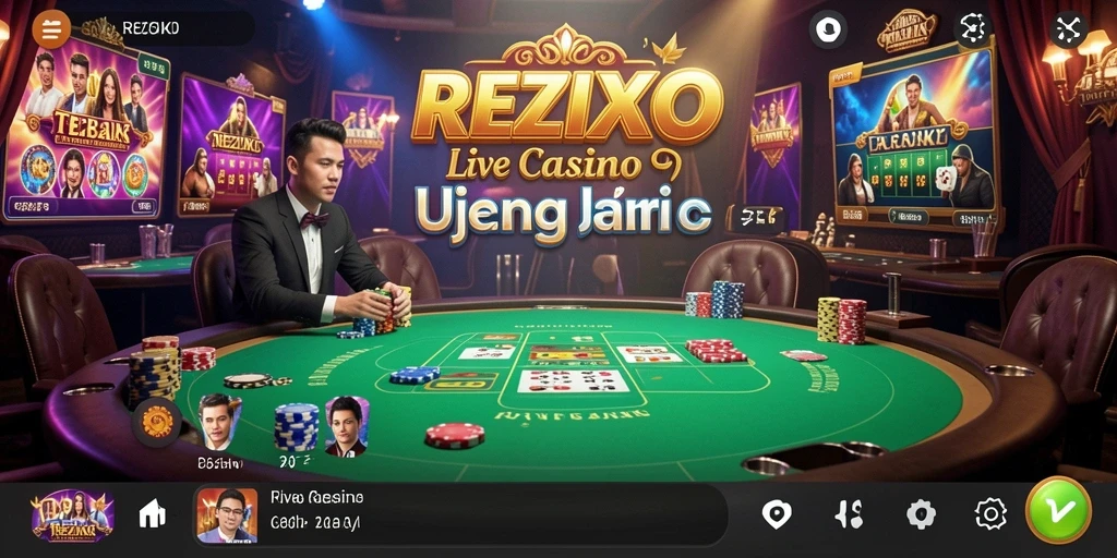 Screenshot gameplay <strong>REZIXO</strong> menampilkan dealer profesional di meja permainan kasino langsung.