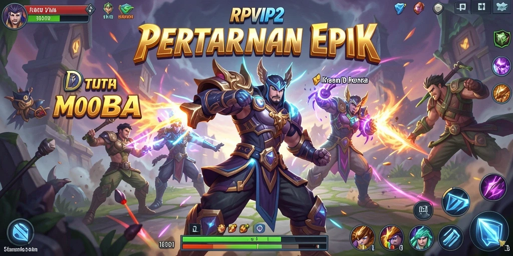 Tampilan gameplay intens dalam pertarungan MOBA yang seru.