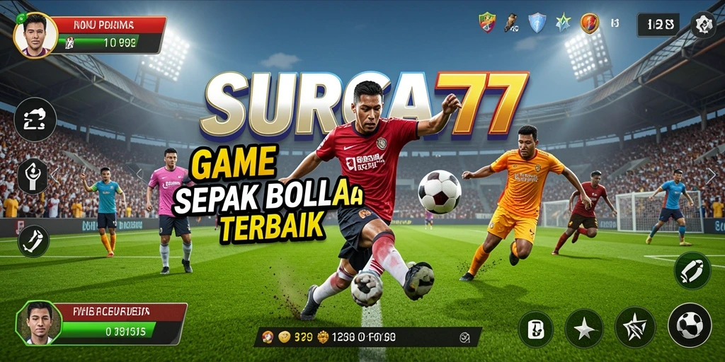 Tampilan gameplay SURGA77 dengan aksi seru di lapangan sepak bola.